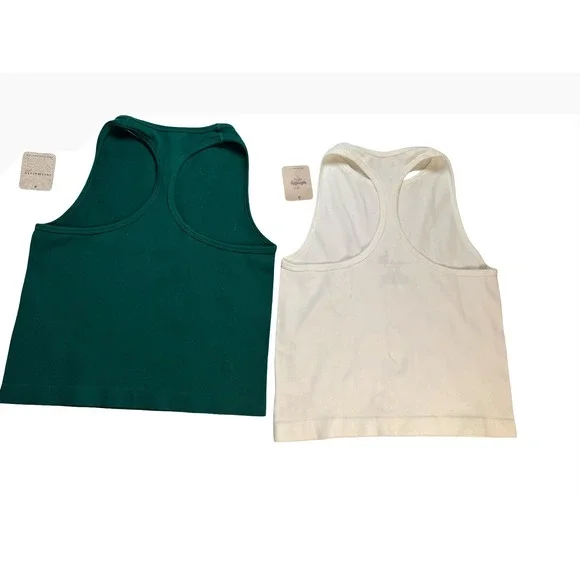 Free People Seamless Cropped Ribbed Tank Top 2-Pack Green & White New - Picture 2 of 2